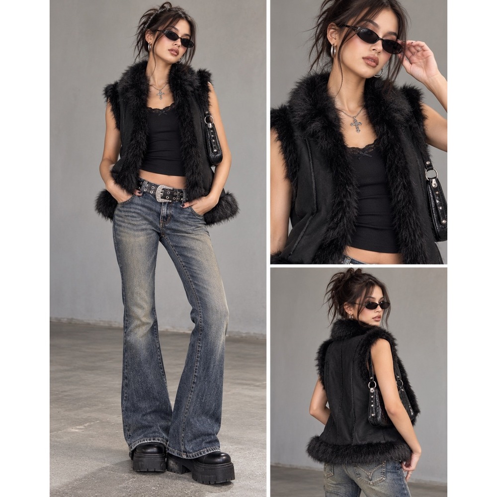 Express Black Leather Faux Fur Trim Vest Suede Open Front Y2K Boho Small